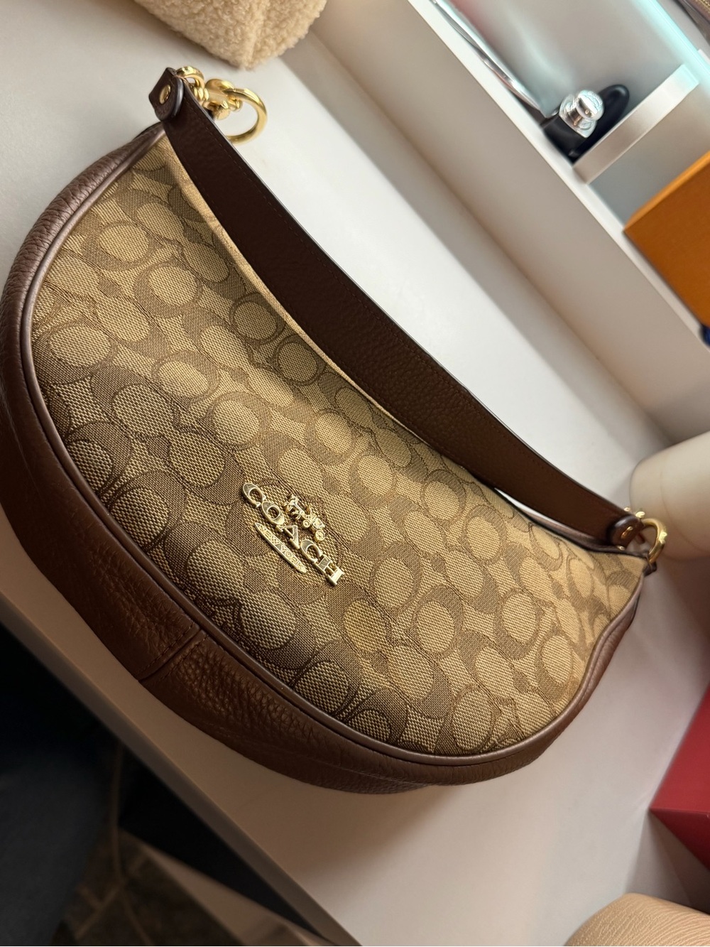 Coach Signature Canvas Crescent Shoulder Bag in Brown and Tan